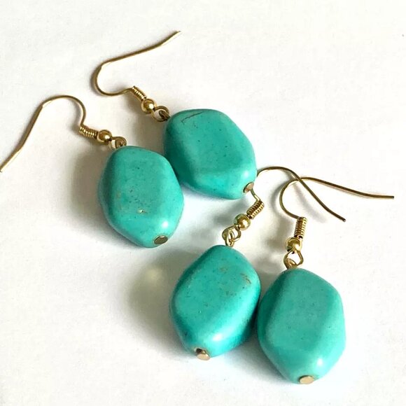 Aqua Turquoise Stone Earrings Gold Plated Dangle Chunky Statement Southwestern - Picture 6 of 9